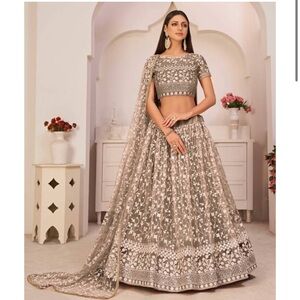 Brown lehenga embroidered floral champagne / nude / tan / beige standard stitch